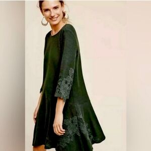 Maeve green linen cotton tunic mini dress flowers, size small